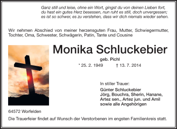 Traueranzeige von Monika Schluckebier von Rüsselsheimer Echo, Groß-Gerauer-Echo, Ried Echo