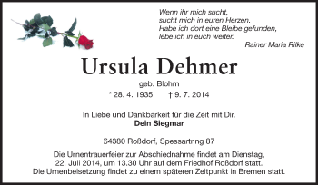 Traueranzeige von Ursula Dehmer von Echo-Zeitungen (Gesamtausgabe)