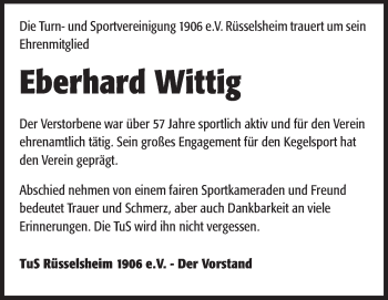 Traueranzeige von Eberhard Wittig von Rüsselsheimer Echo, Groß-Gerauer-Echo, Ried Echo