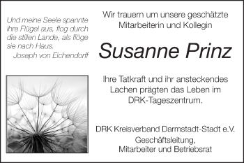 Traueranzeige von Susanne Prinz von Darmstädter Echo, Odenwälder Echo, Rüsselsheimer Echo, Groß-Gerauer-Echo, Ried Echo