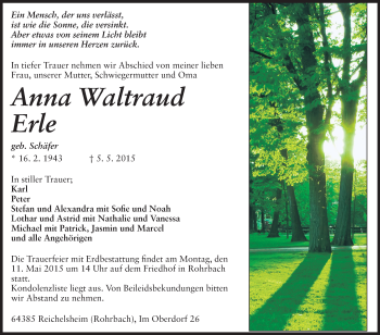 Traueranzeige von Anna Waltraud Erle von Darmstädter Echo