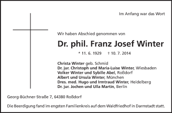 Traueranzeige von Franz Josef Winter von Echo-Zeitungen (Gesamtausgabe)
