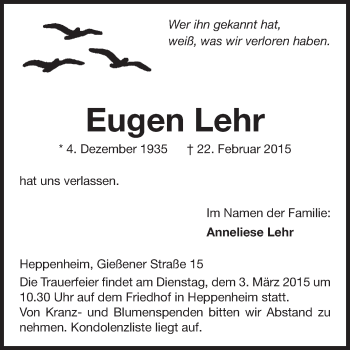 Traueranzeige von Eugen Lehr von Echo-Zeitungen (Gesamtausgabe)