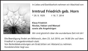 Traueranzeige von Irmtraud Friedrich von Odenwälder Echo