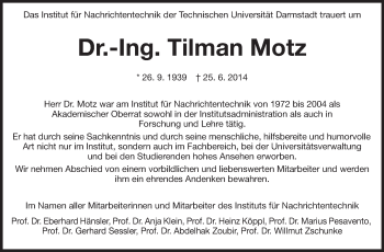 Traueranzeige von Tilman Motz von Echo-Zeitungen (Gesamtausgabe)