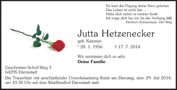 Traueranzeige von Jutta Hetzenecker von Echo-Zeitungen (Gesamtausgabe)
