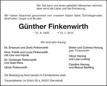 Traueranzeige von Günther Finkenwirth von Echo-Zeitungen (Gesamtausgabe)