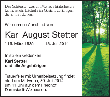 Traueranzeige von Karl August Stetter von Echo-Zeitungen (Gesamtausgabe)