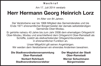 Traueranzeige von Hermann Georg Heinrich Lorz von Echo-Zeitungen (Gesamtausgabe)