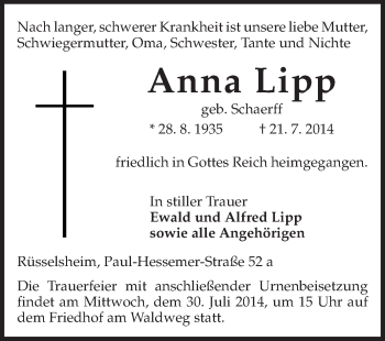Traueranzeige von Anna Lipp von Rüsselsheimer Echo, Groß-Gerauer-Echo, Ried Echo