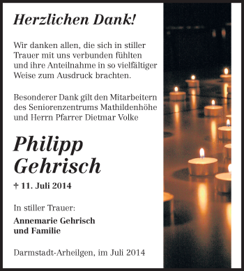 Traueranzeige von Philipp Gehrisch von Echo-Zeitungen (Gesamtausgabe)