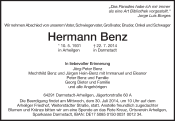 Traueranzeige von Hermann Benz von Echo-Zeitungen (Gesamtausgabe)