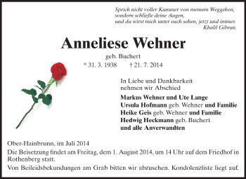 Traueranzeige von Anneliese Wehner von Odenwälder Echo