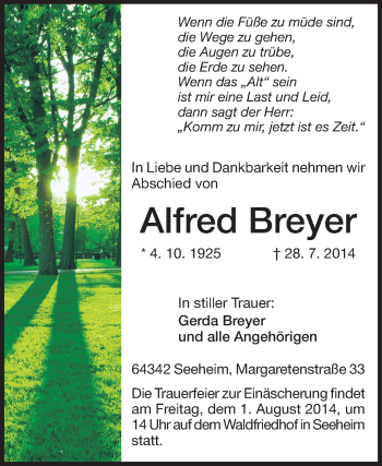Traueranzeige von Alfred Breyer von Echo-Zeitungen (Gesamtausgabe)