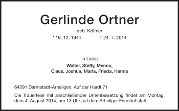 Traueranzeige von Gerlinde Ortner von Echo-Zeitungen (Gesamtausgabe)