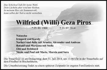 Traueranzeige von Wilfried Geza Piros von Rüsselsheimer Echo, Groß-Gerauer-Echo, Ried Echo