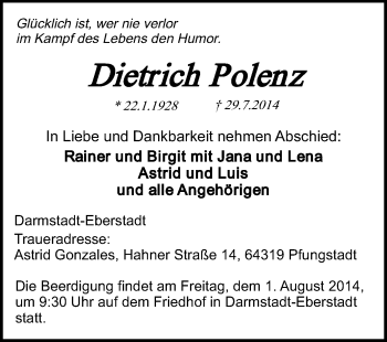 Traueranzeige von Dietrich Polenz von Echo-Zeitungen (Gesamtausgabe)