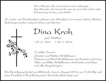 Traueranzeige von Dina Kroh von Odenwälder Echo