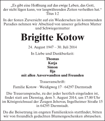Traueranzeige von Brigitte Kotow von Echo-Zeitungen (Gesamtausgabe)