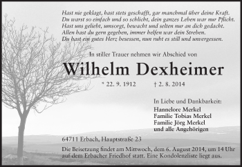 Traueranzeige von Wilhelm Dexheimer von Odenwälder Echo