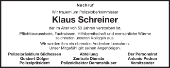 Traueranzeige von Klaus Schreiner von Echo-Zeitungen (Gesamtausgabe)