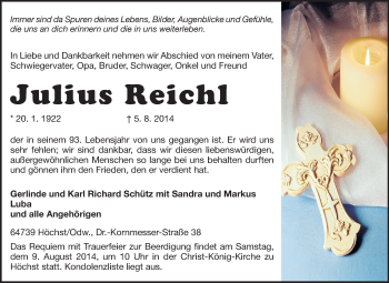Traueranzeige von Julius Reichl von Odenwälder Echo