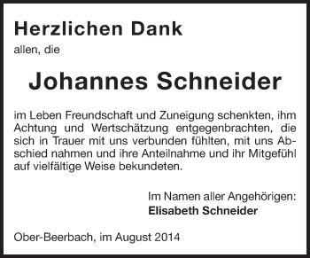 Traueranzeige von Johannes Schneider von Echo-Zeitungen (Gesamtausgabe)