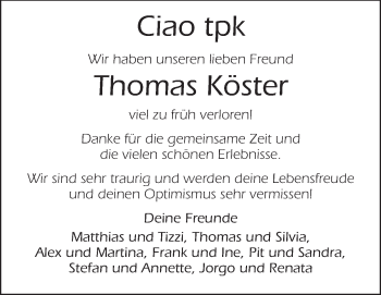 Traueranzeige von Thomas Köster von Echo-Zeitungen (Gesamtausgabe)