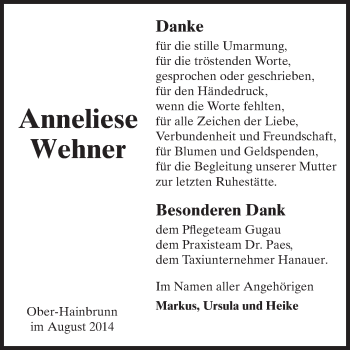 Traueranzeige von Anneliese Wehner von Odenwälder Echo
