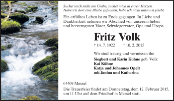Traueranzeige von Fritz Volk von Echo-Zeitungen (Gesamtausgabe)