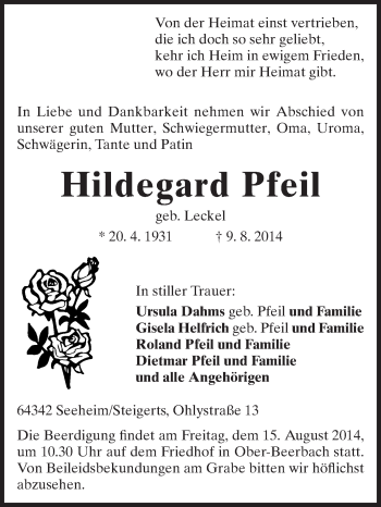 Traueranzeige von Hildegard Pfeil von Echo-Zeitungen (Gesamtausgabe)