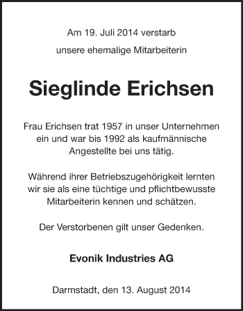 Traueranzeige von Sieglinde Erichsen von Echo-Zeitungen (Gesamtausgabe)