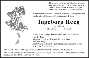 Traueranzeige von Ingeborg Reeg von Echo-Zeitungen (Gesamtausgabe)