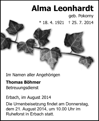 Traueranzeige von Alma Leonhardt von Odenwälder Echo
