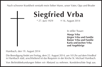 Traueranzeige von Siegfried Vrba von Starkenburger Echo