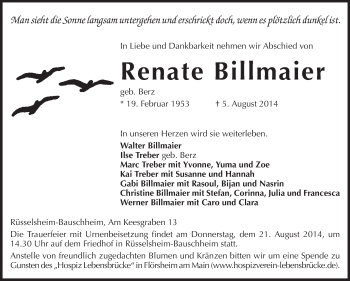Traueranzeige von Renate Billmaier von Rüsselsheimer Echo, Groß-Gerauer-Echo, Ried Echo