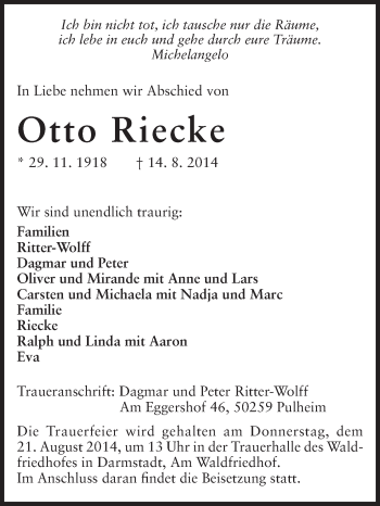 Traueranzeige von Otto Riecke von Echo-Zeitungen (Gesamtausgabe)