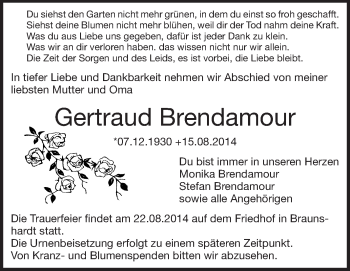 Traueranzeige von Gertraud Brendamour von Echo-Zeitungen (Gesamtausgabe)
