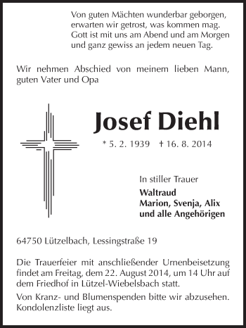 Traueranzeige von Josef Diehl von Odenwälder Echo