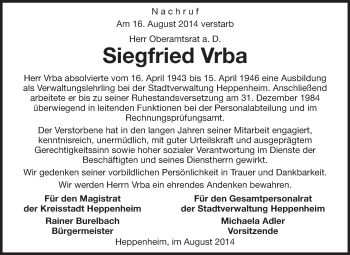 Traueranzeige von Siegfried Vrba von Starkenburger Echo