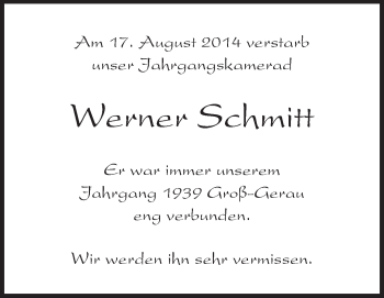 Traueranzeige von Werner Schmitt von Rüsselsheimer Echo, Groß-Gerauer-Echo, Ried Echo