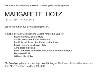 Traueranzeige von Margarete Hotz von Echo-Zeitungen (Gesamtausgabe)