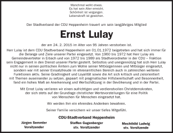 Traueranzeige von Ernst Lulay von Starkenburger Echo, Bergsträßer Anzeiger