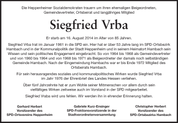 Traueranzeige von Siegfried Vrba von Starkenburger Echo