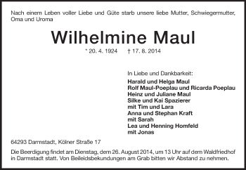 Traueranzeige von Wilhelmine Maul von Echo-Zeitungen (Gesamtausgabe)