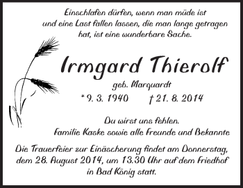 Traueranzeige von Irmgard Thierolf von Odenwälder Echo
