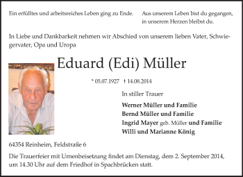 Traueranzeige von Eduard Müller von Darmstädter Echo, Odenwälder Echo, Rüsselsheimer Echo, Groß-Gerauer-Echo, Ried Echo