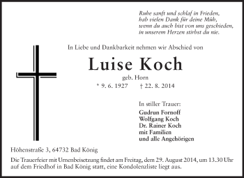 Traueranzeige von Luise Koch von Odenwälder Echo