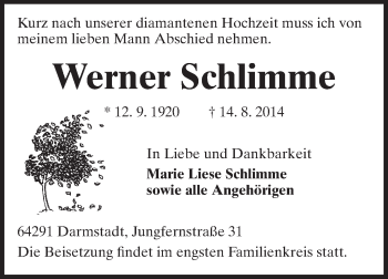 Traueranzeige von Werner Schlimme von Echo-Zeitungen (Gesamtausgabe)