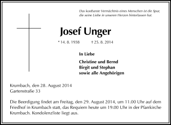 Traueranzeige von Josef Unger von Starkenburger Echo